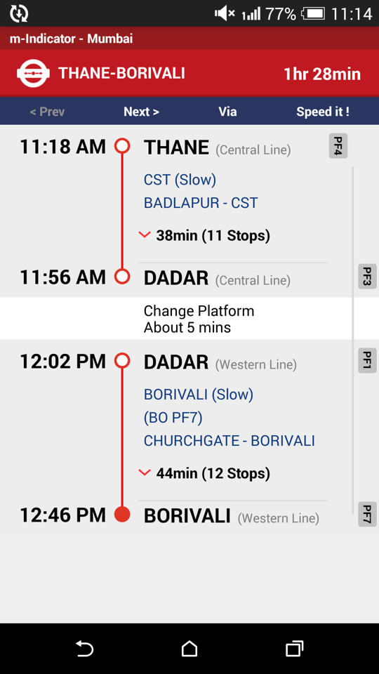 Route from Thane to Borivali with a change at Dadar